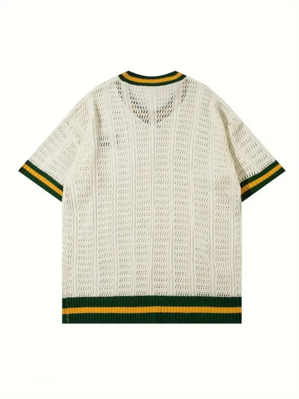 Embroidered Casual Breathable College Style V-Neck Knit 100% Cotton Short Sleeve Knit T-Shirt - Image 2