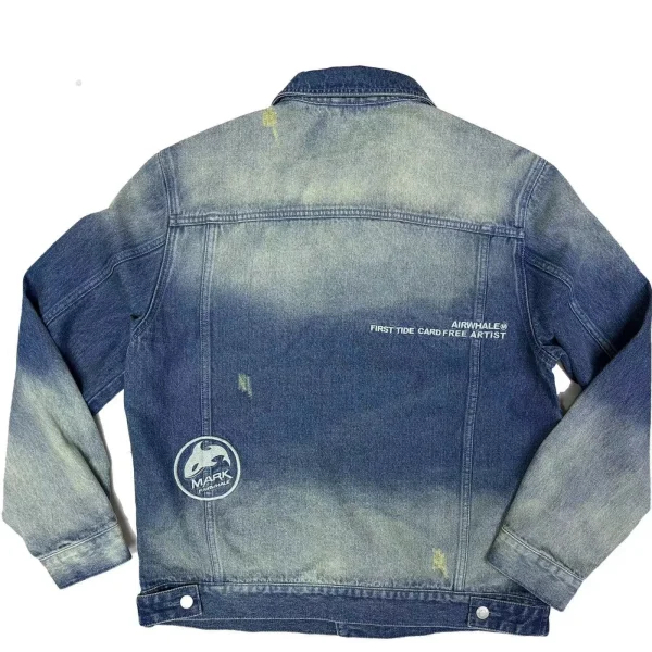 Men's Turn-Down Denim Jacket Spring Autumn Vintage Washed Embroidered 100% Cotton Character Horn Button Puffer - Image 2