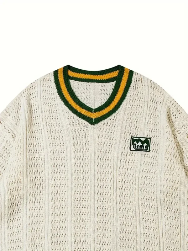 Embroidered Casual Breathable College Style V-Neck Knit 100% Cotton Short Sleeve Knit T-Shirt - Image 4
