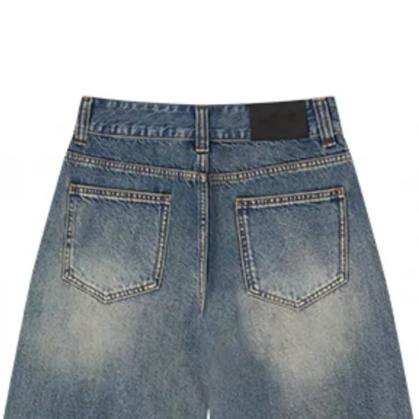 Men's Mid Blue Washed Denim Shorts Breathable Baggy Raw Undone Hem Jorts Lace Button Decoration High Street for Summer - Image 4