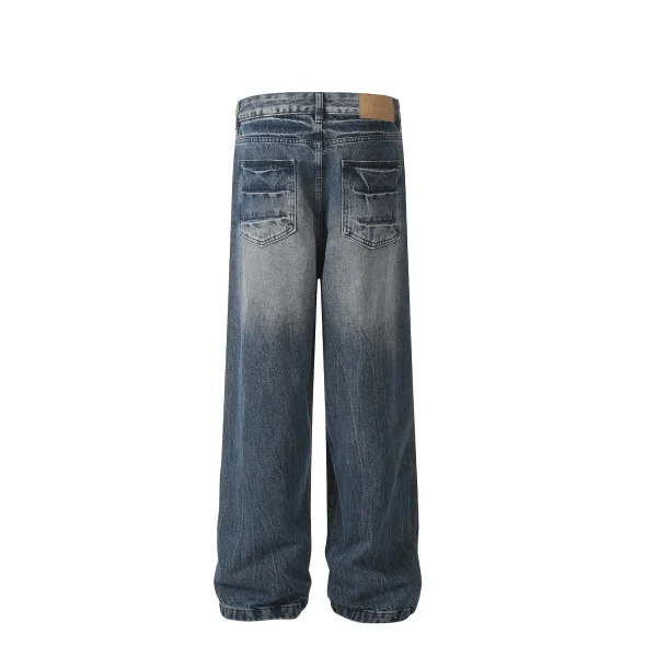 100% Cotton Men's Flared Baggy Jeans for Spring Autumn Mid Breathable Washable Enzyme Washed Button Zipper - Image 2