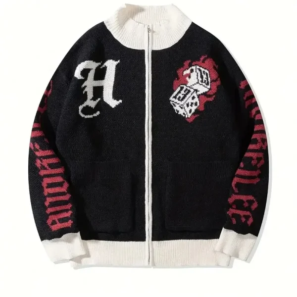 Unisex Street Style Knit Sweater Jacket Casual Loose Zipper Design Long Sleeve 100% Cotton Jacquard Pattern Knit Sweater
