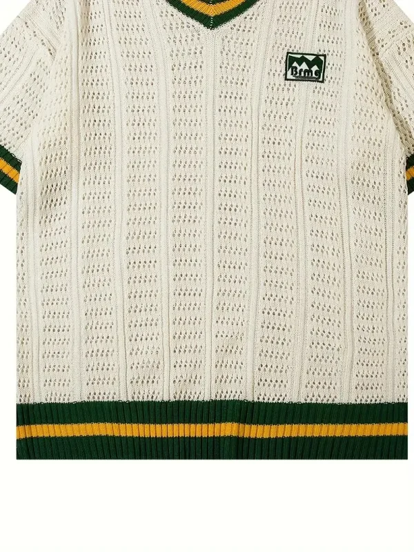 Embroidered Casual Breathable College Style V-Neck Knit 100% Cotton Short Sleeve Knit T-Shirt - Image 5