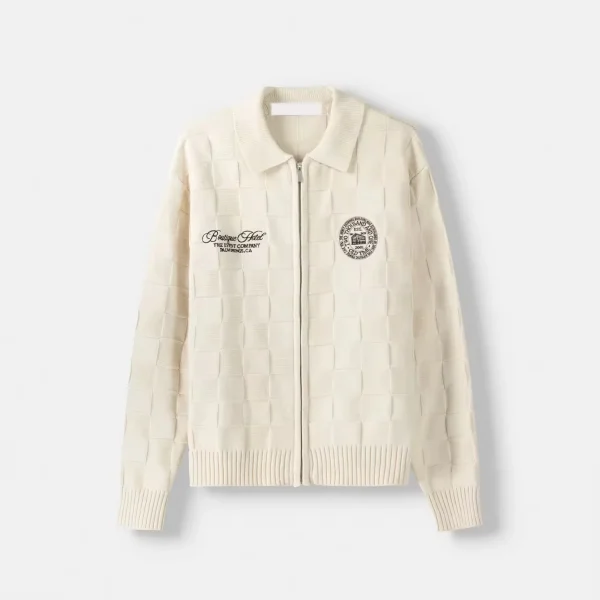Men's Long Sleeve Zip-up Cardigan Embroidered 100% Cotton Polo Knit for Winter Textured with Letter Pattern - Image 6