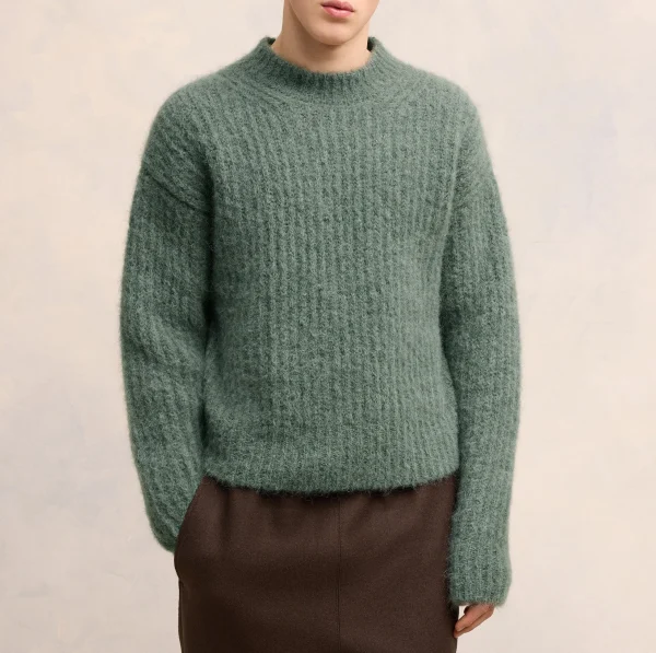 High Quality Mohair Sweater Round Neck Long Sleeve Fluffy Knit Pullover Winter Warm Men's Mohair Sweater
