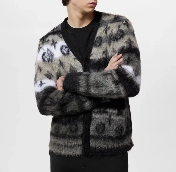 Pattern Long-Sleeved Furry Knitted Cardigan Men's Jacquard Mohair Sweater