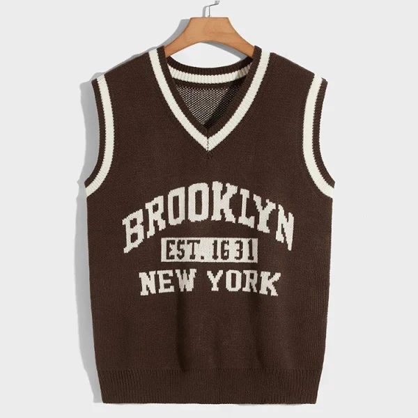 Jacquard Letters Knitted Pullover Knitwear Sleeveless V Neck Knit Sweater Vest for Men