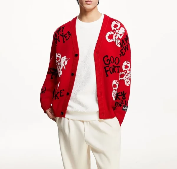 Fashion Jacquard Embroidery Pattern Design 100% High Quality Cotton Knitted Cardigan Sweater for Men