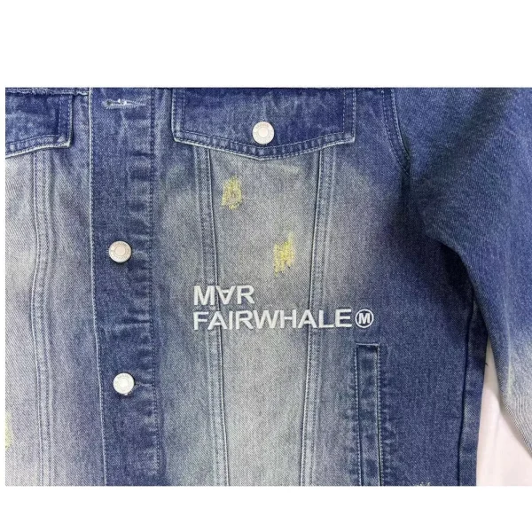 Men's Turn-Down Denim Jacket Spring Autumn Vintage Washed Embroidered 100% Cotton Character Horn Button Puffer - Image 3