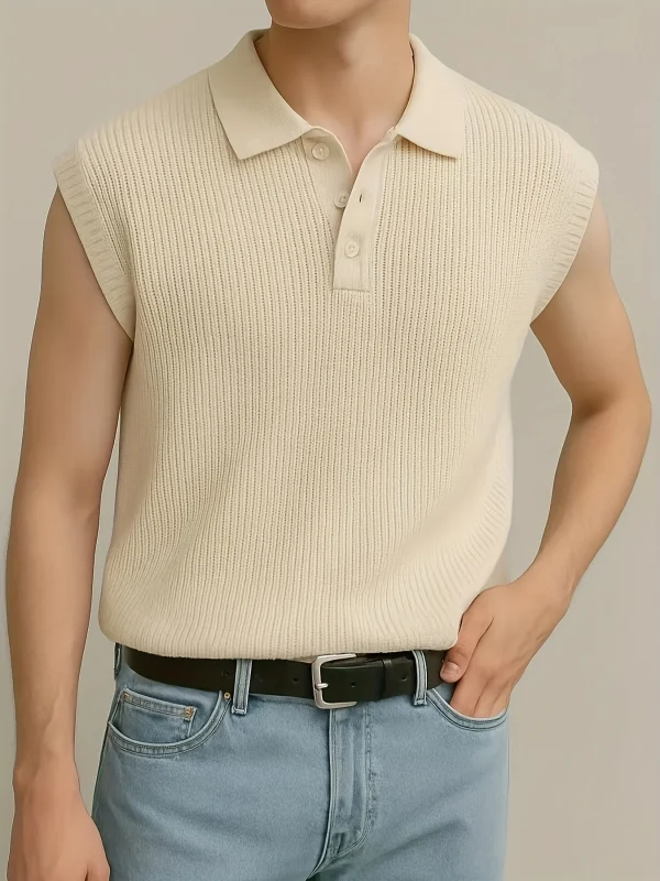 Summer Sleeveless Casual Knitted Jacquard Vest 100% Cotton Solid Color Design POLO Collar Men's Knitted Vests - Image 3