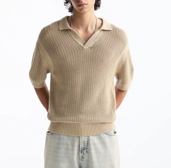 Fashion Casual V-Neck Knit T-Shirt Short Sleeve Open-Knit Polo Shirt Men's Knit Tops